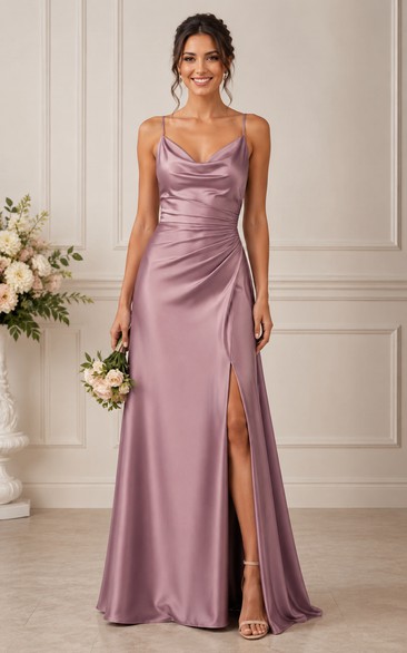 Mauve Satin Sheath Cowl Neck Bridesmaid Dress with Front Split