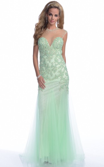 A-Line Jewel Neck Cap Sleeve Prom Dress With Bling Appliques And Keyhole Back