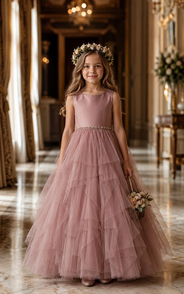 A-line Floor Length Sleeveless Tulle Flower Girl Dress with Dusty rose sleeveless gown with tiered tulle skirt