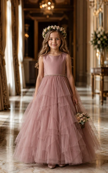 A-line Floor Length Sleeveless Tulle Flower Girl Dress with Dusty rose sleeveless gown with tiered tulle skirt