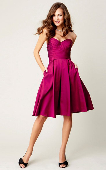 A-Line Short Sleeveless Criss-Cross Sweetheart Satin Bridesmaid Dress