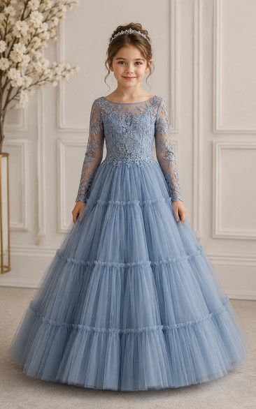 Princess Ball Gown Floor Length Long Sleeve Illusion Tulle Lace Flower Girl Dress with Blue long lace sleeves and tiered full tulle skirt