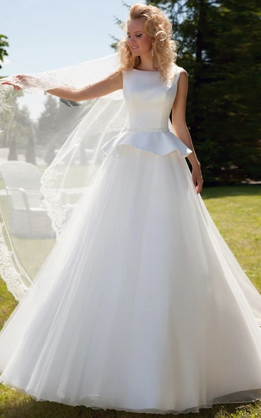 Ball-Gown Peplum Sleeveless Scoop Floor-Length Satin&Tulle Wedding Dress With Corset Back And Waist Jewellery