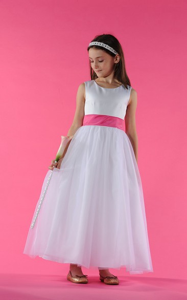 Flower Girl Scoop Neck A-line Tulle Ankle Length Dress With Bow