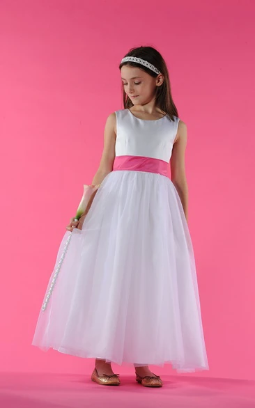 Flower Girl Scoop Neck A-line Tulle Ankle Length Dress With Bow