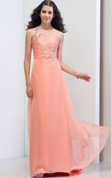 Sheer Neck Pleats Beading Sequins Prom Dress
