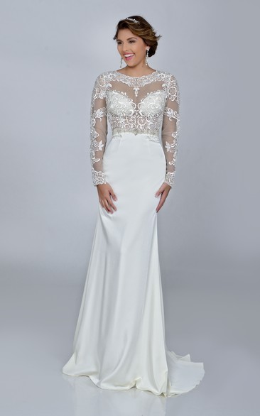 Long Sleeve Bateau Neck Sheath Lace And Satin Wedding Dress With Keyhole