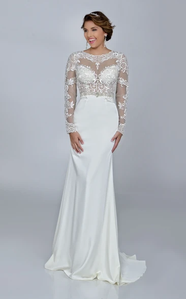 Long Sleeve Bateau Neck Sheath Lace And Satin Wedding Dress With Keyhole