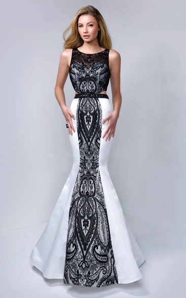 Mermaid Long Scoop-Neck Sleeveless Satin Lace Sweep Train Zipper Dress