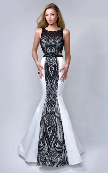 Mermaid Long Scoop-Neck Sleeveless Satin Lace Sweep Train Zipper Dress