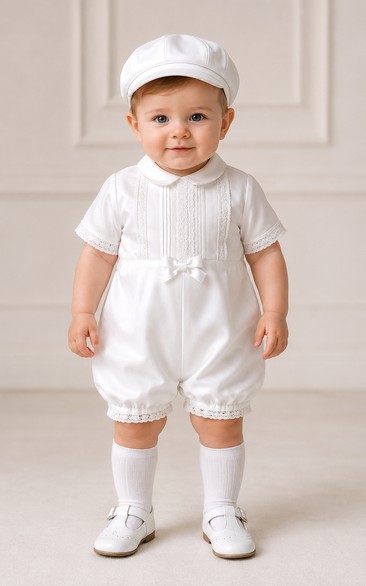Baby Boy Christening Romper Suit Short Sleeve Satin Baptism Outfit in White