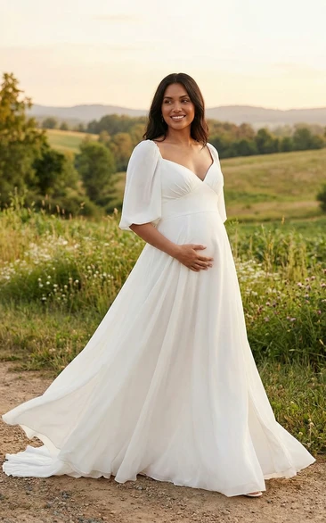 White Puff Sleeve Maternity Wedding Dress with V Neck