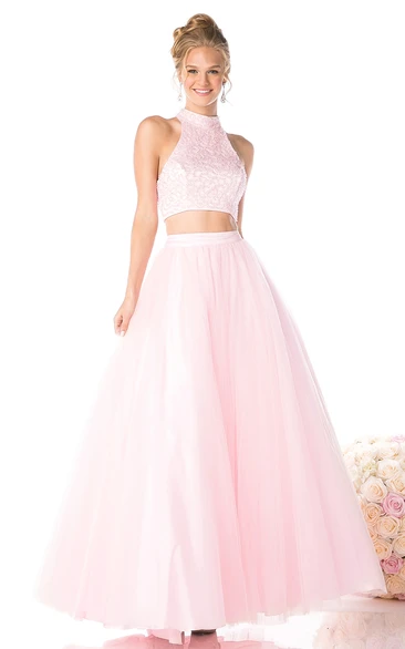 A-Line Ankle-Length High Neck Sleeveless Satin Keyhole Dress With Beading