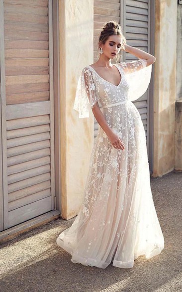 White V-Neck Lace Wedding Dress