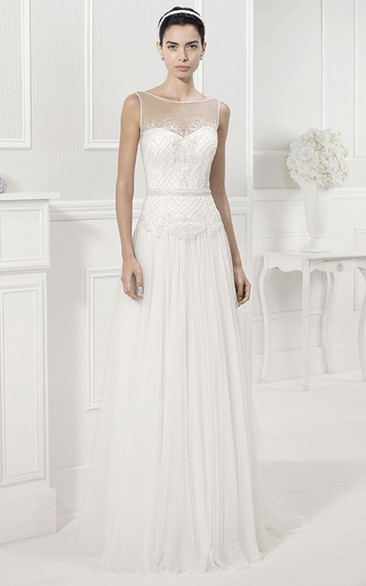 Bateau Jewel Neckline Sleeveless Pleated Tulle Bridal Gown V Back