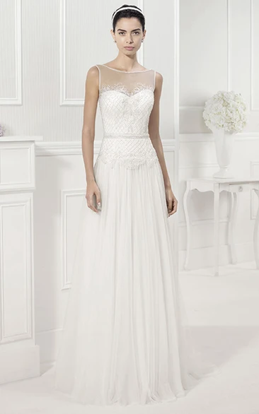 Bateau Jewel Neckline Sleeveless Pleated Tulle Bridal Gown V Back