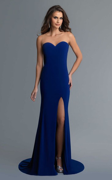 Sheath Long Sweetheart Sleeveless Jersey Illusion Dress With Split Front