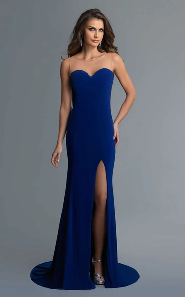 Sheath Long Sweetheart Sleeveless Jersey Illusion Dress With Split Front