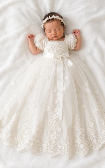 Baby Christening Gown Modest A-Line Puff Sleeve Tulle Lace Floor-Length with Bow Sash in Ivory
