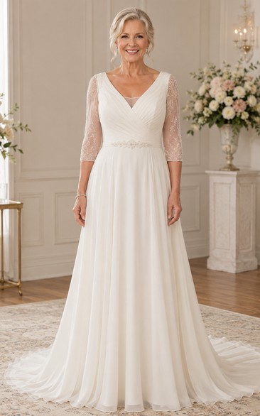 Plus Size V Neck Chiffon A-Line Older Brides Wedding Dress with Lace Sleeves