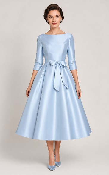 Sky Blue Satin Bow A-Line Tea Dress