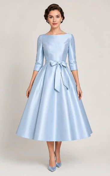 Sky Blue Satin Bow A-Line Tea Dress