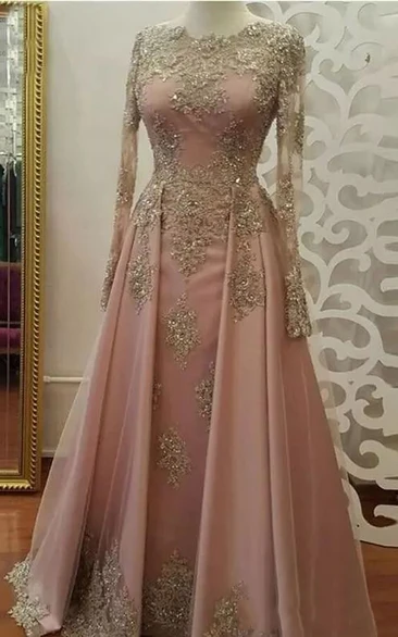 Jewel Illusion Long Sleeve Floor-length Lace Tulle A-Line Dress