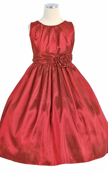 Tea-Length Pleated Taffeta Flower Girl Dress
