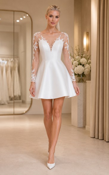 V-Neck Long Sleeve Lace Mini Wedding Dress
