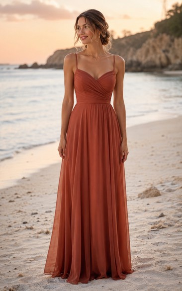 Papaya Spaghetti Strap Chiffon Bridesmaid Dress