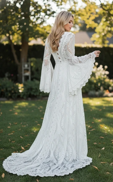 Boho Bell Sleeve Lace Vintage Wedding Dress with Train