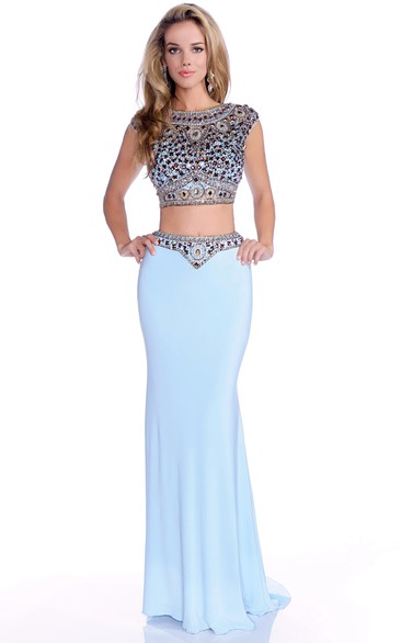 Sheath Cap Sleeve Crop Top Jersey Prom Dress With Jeweled Bodice