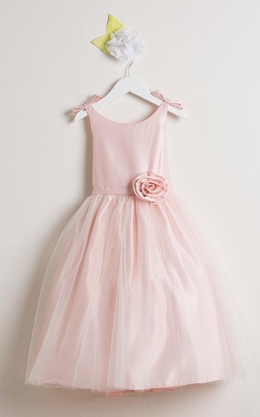 Bowed Sleeveless Tulle&Satin Flower Girl Dress