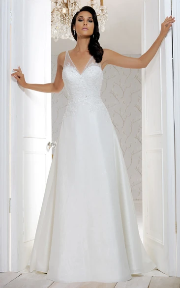 Long V-Neck Appliqued Chiffon Wedding Dress With Court Train And V Back