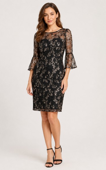 Short Pencil Knee-Length Bateau 3/4 Length Sleeve Lace Homecoming Dress with Lace