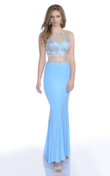 Crop Top Trumpet Sleeveless Jersey Gown With Sequins And Beaded Bodice