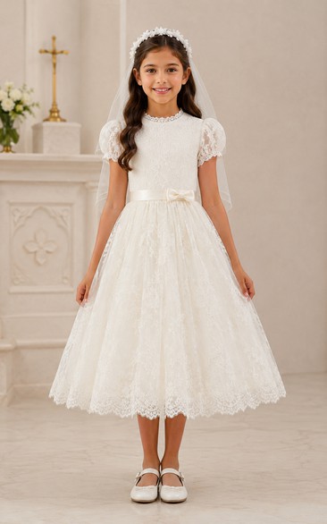 Tea-length Puff Sleeve Lace First Communion Dress with Veil