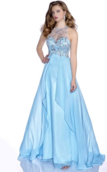 Chiffon A-Line Sleeveless Beaded Bodice Prom Dress With Keyhole Back
