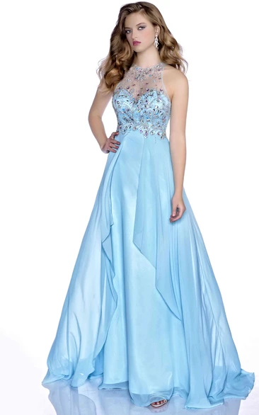 Chiffon A-Line Sleeveless Beaded Bodice Prom Dress With Keyhole Back