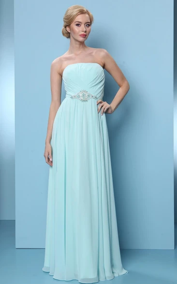 Strapless Ruched Chiffon Bridesmaid Dress With Waist Jewellery