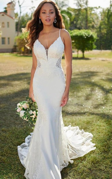Spaghetti Lace Casual Mermaid Wedding Dress with Court Train