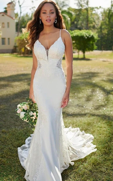 Spaghetti Lace Casual Mermaid Wedding Dress with Court Train