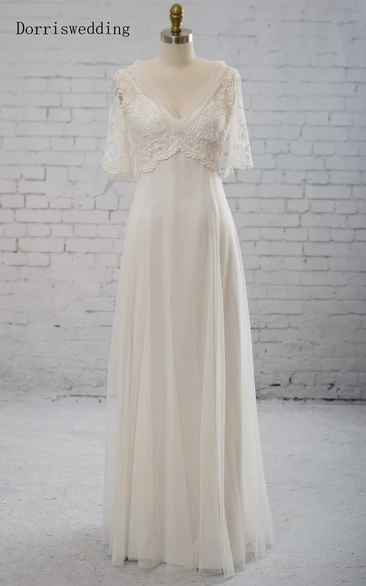 Dorriswedding V-Shaped Neckline Cape Tulle Dress With Appliques