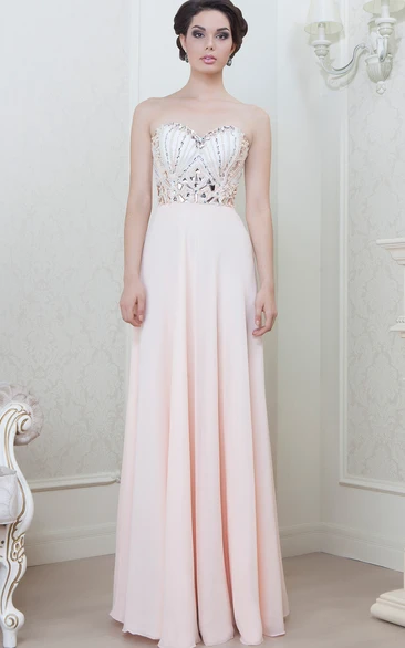 Sheath Long Beaded Sweetheart Sleeveless Chiffon Evening Dress