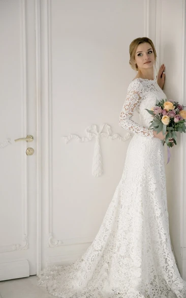 Lace Bateau Mermaid Elegant Long Sleeve Wedding Dress With V-back
