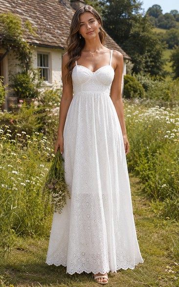 White Boho Lace Spaghetti Strap Floor-Length Wedding Dress