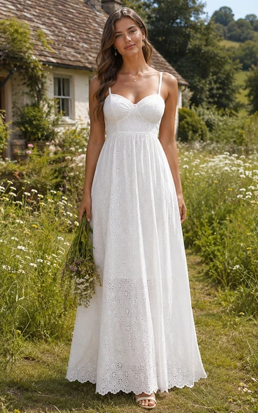 White Boho Lace Spaghetti Strap Floor-Length Wedding Dress
