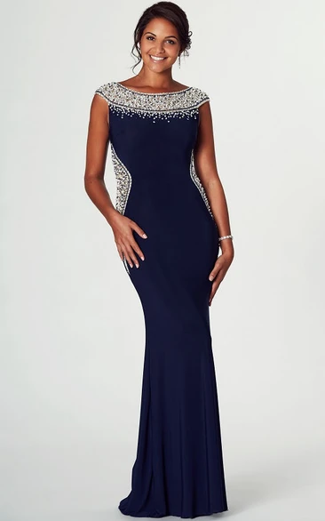 Pencil Beaded Cap-Sleeve Bateau Midi Jersey Prom Dress With Zipper Back And Brush Train