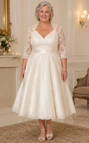 Plus Size Tea Length Satin Older Brides Wedding Dress with Lace Jacket