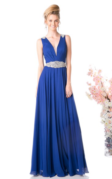 A-Line V-Neck Sleeveless Chiffon Low-V Back Dress With Waist Jewellery And Pleats